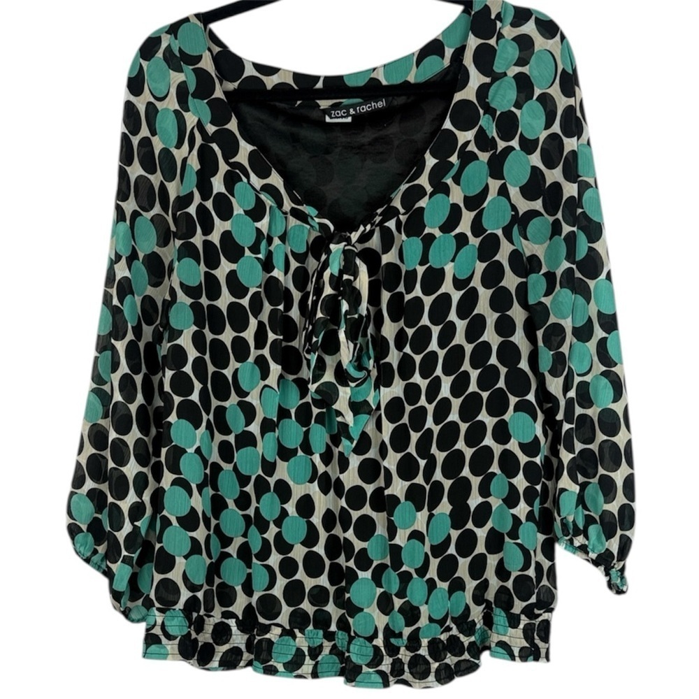 Zac & Rachel Casual Teal & Black Polka Dot Extra Large Long Sleeve Blouse